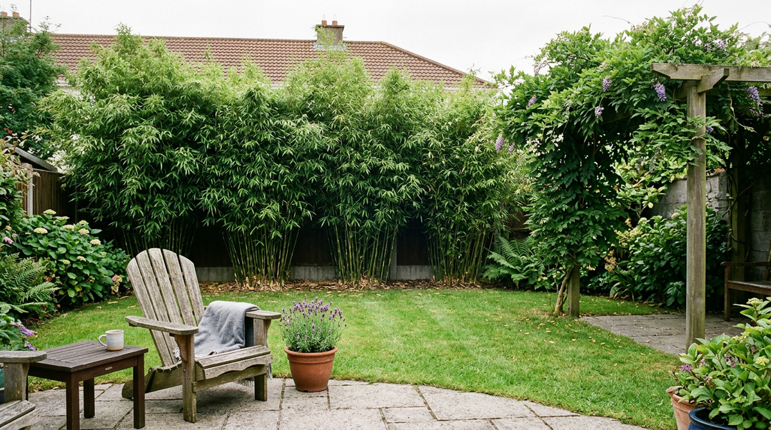 Fargesia clumping bamboo privacy screen in Irish back garden with Wisteria pergola — non-invasive 2-3m garden screening