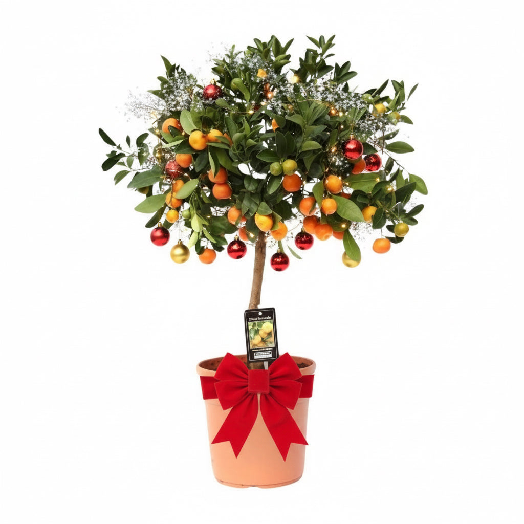 Calamondin citrus tree with small orange and red fruits, green foliage, white flowers and decorative baubles, in…