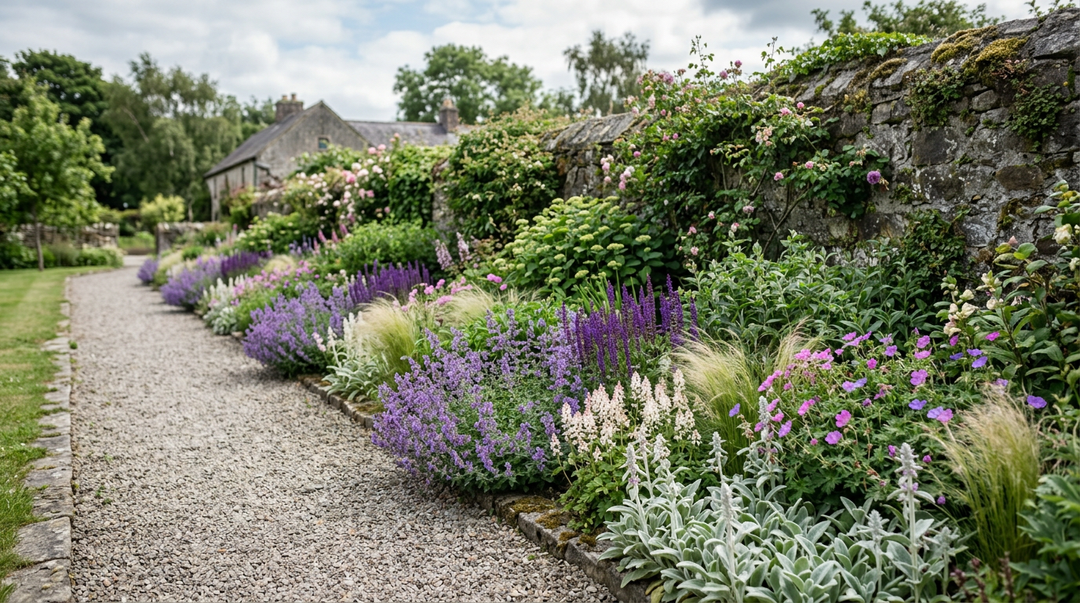Illustration of an established perennial border of catmint, salvia, hardy geraniums, grasses and lamb's ear along a gravel path