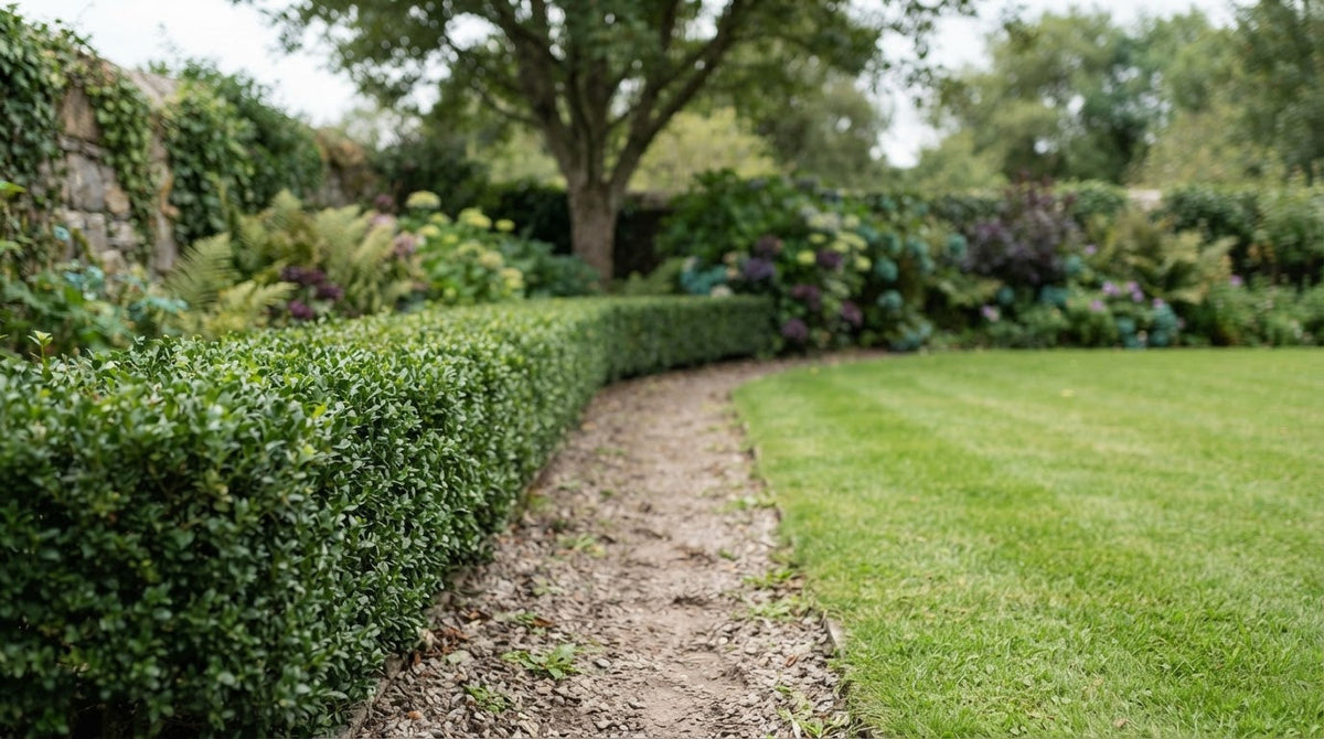 Neat clipped Japanese holly hedge beside a gravel garden path