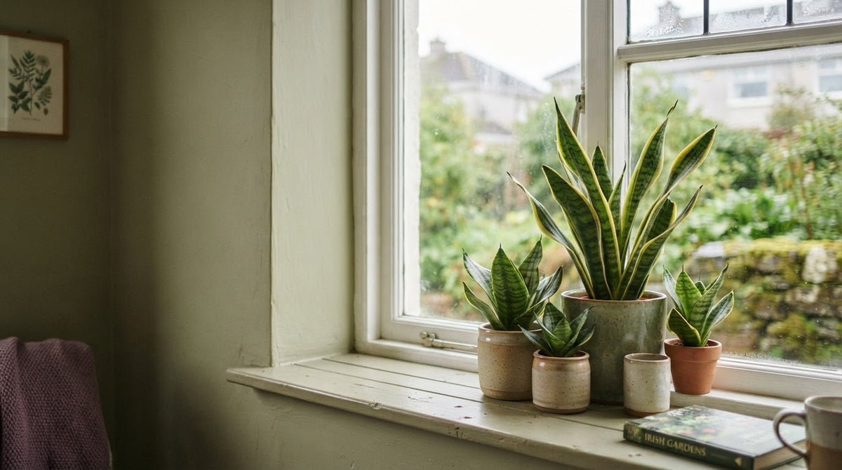 Snake plants in plain containers on a bright Irish windowsill