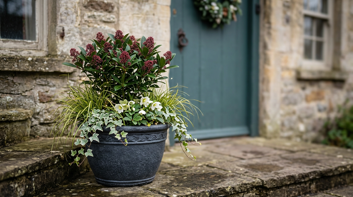 Winter container by an Irish front door planted with skimmia, white hellebore flowers, golden sedge and trailing ivy