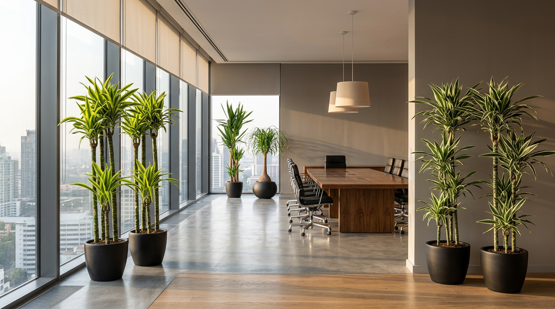 Apex Pack — six premium air-purifying architectural plants in 27cm pots arranged in an executive boardroom with floor-to-ceiling windows, polished concrete floor, walnut conference table