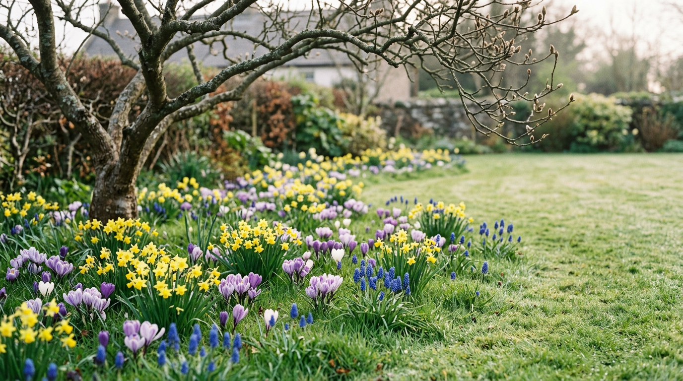 Naturalised spring bulbs in flower across an Irish garden lawn — miniature daffodils, crocus and muscari under a bare tree