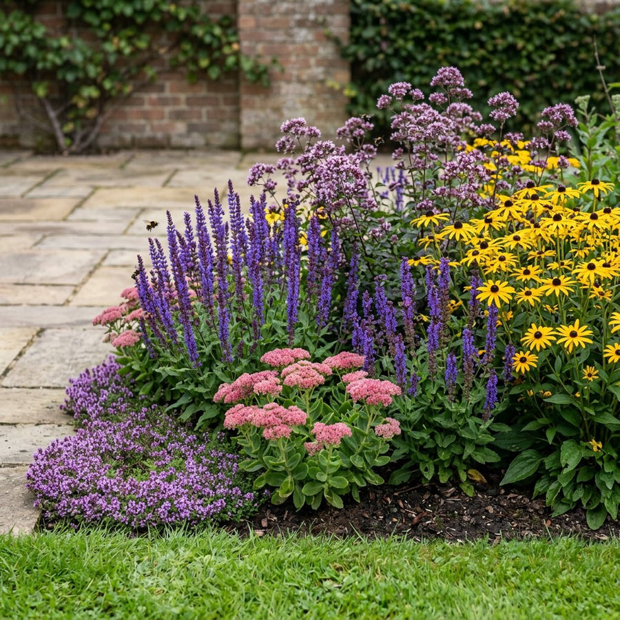 Illustration of the Amsterdam border once established, planted with Thymus praecox, Origanum laevigatum, Salvia nem., Rudbeckia fulgida and Sedum