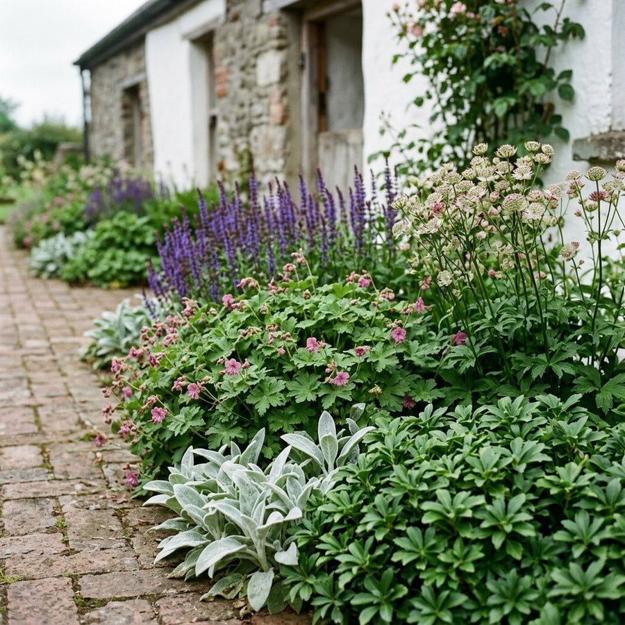 Illustration of the Antwerp border once established, planted with Geranium macrorrhizum, Astrantia major, Stachys byzantina, Salvia nem. and Pachysandra term.