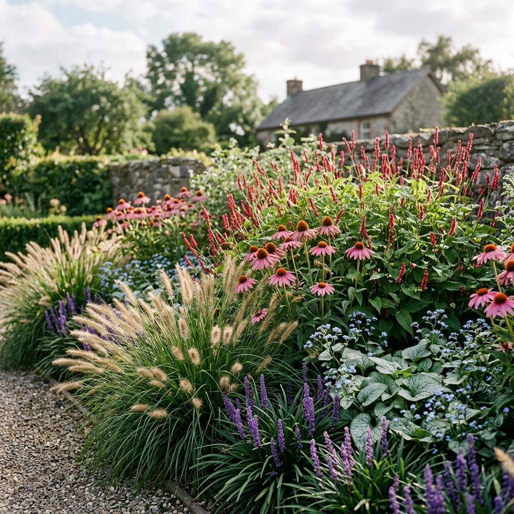 Illustration of the Barcelona border once established, planted with Pennisetum alopecuroides, Liriope muscari, Echinacea p., Persicaria amplexicaulis and Brunnera macr.
