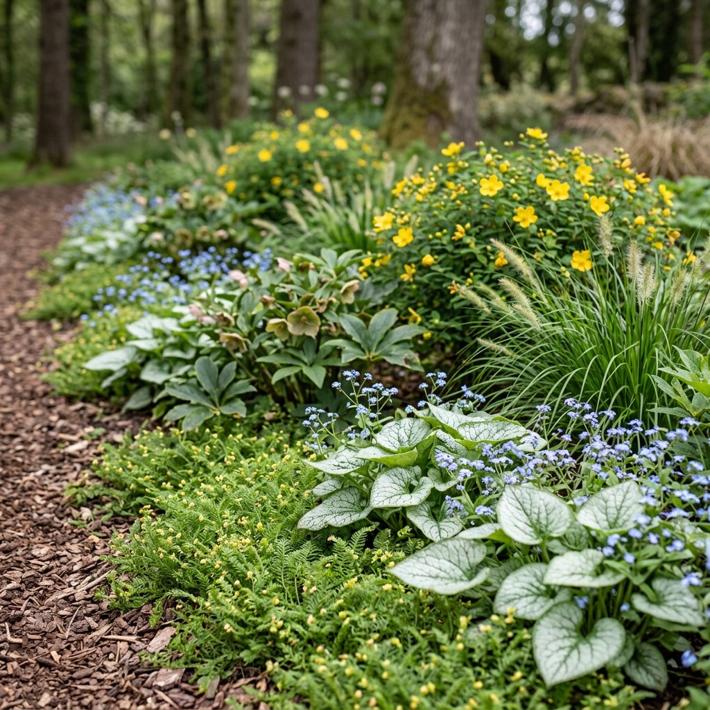 Illustration of the Braga border once established, planted with Leptinella squalida, Brunnera macr., Helleborus orientalis, Pennisetum alopecuroides and Hypericum dummeri