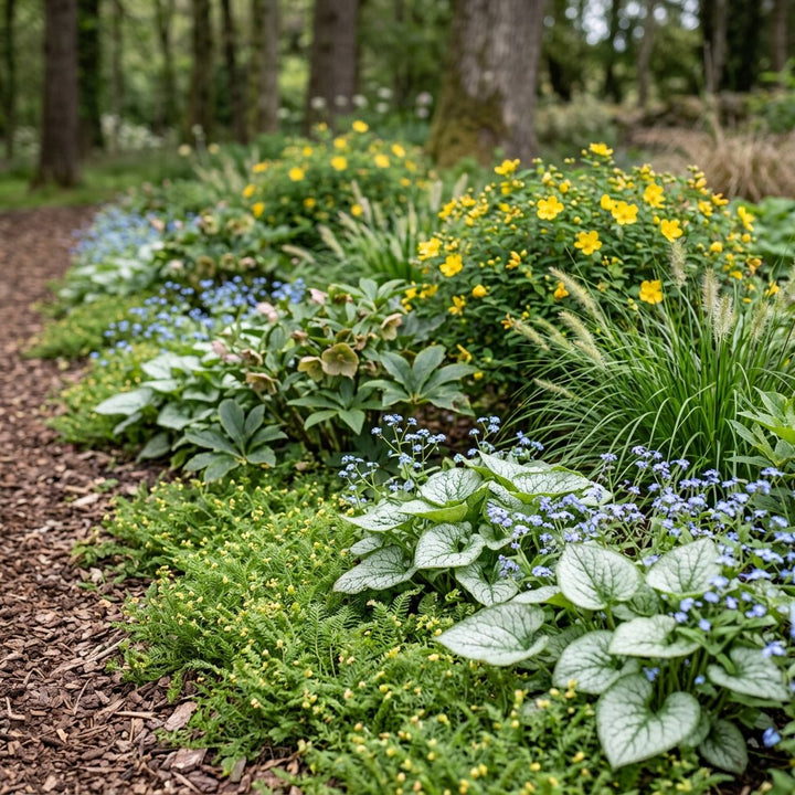 Illustration of the Braga border once established, planted with Leptinella squalida, Brunnera macr., Helleborus orientalis, Pennisetum alopecuroides and Hypericum dummeri