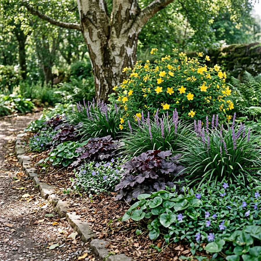 Illustration of the Bucharest border once established, planted with Vinca minor, Heuchera mic., Asarum europaeum, Liriope muscari and Hypericum inodorum