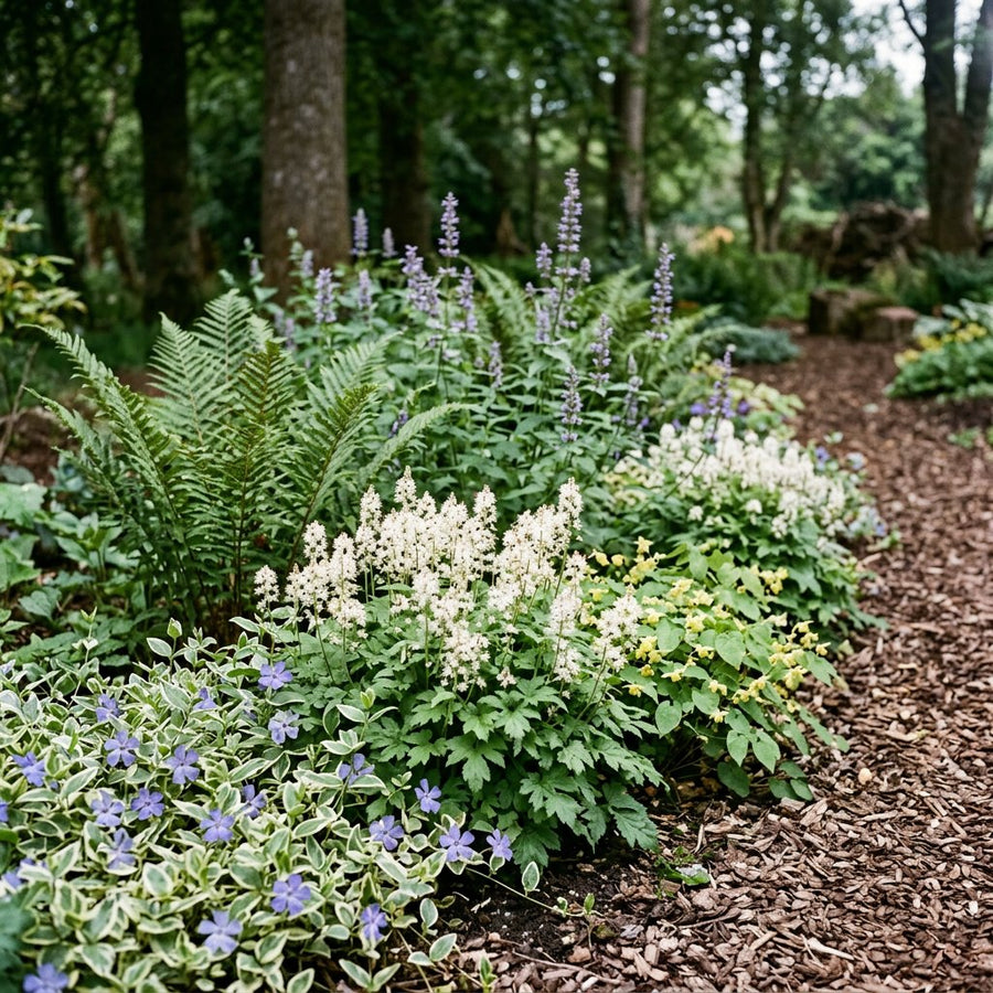 Illustration of the Dublin border once established, planted with Vinca major, Tiarella cordifolia, Epimedium perralc., Dryopteris filix-mas and Agastache
