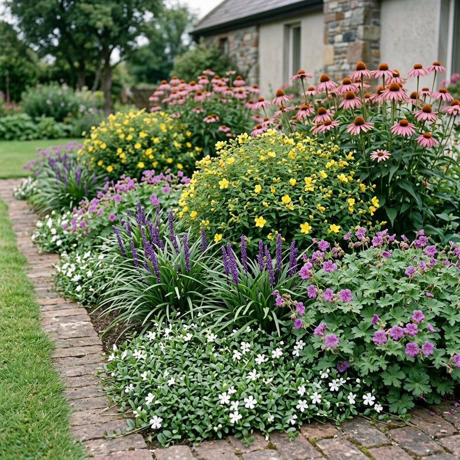 Illustration of the Istanbul border once established, planted with Hypericum inodorum, Geranium macrorrhizum, Vinca minor, Liriope muscari and Echinacea p.