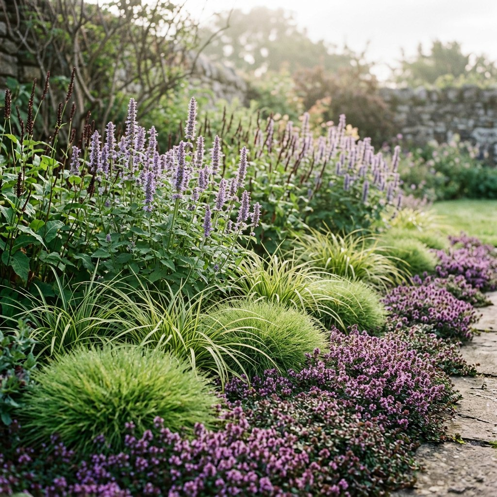 Illustration of the Marseille border once established, planted with Festuca gautieri, Carex oshim., Agastache, Persicaria a. and Thymus praecox