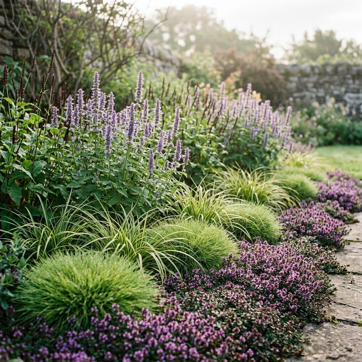 Illustration of the Marseille border once established, planted with Festuca gautieri, Carex oshim., Agastache, Persicaria a. and Thymus praecox