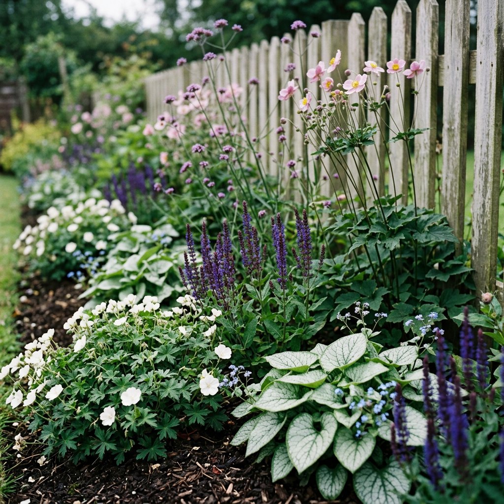 Illustration of the Monaco border once established, planted with Geranium sang., Anemone tom., Brunnera macr., Salvia nem. and Verbena bon.