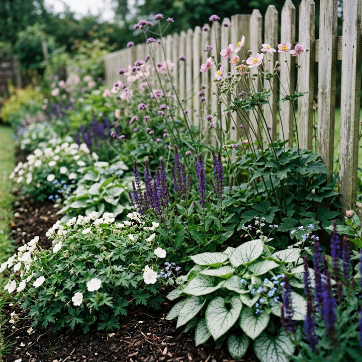 Illustration of the Monaco border once established, planted with Geranium sang., Anemone tom., Brunnera macr., Salvia nem. and Verbena bon.