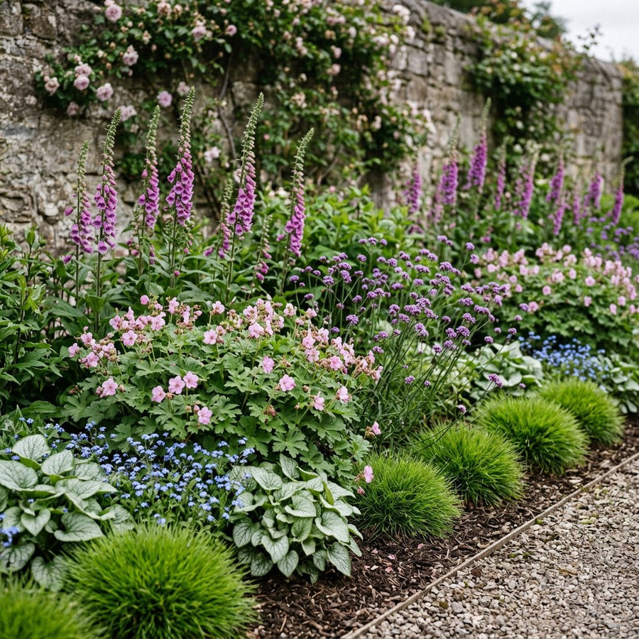 Illustration of the Moscow border once established, planted with Geranium macr., Digitalis purpurea, Brunnera macr., Verbena bon. and Festuca gautieri