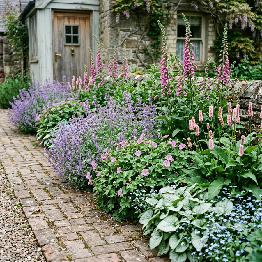 Illustration of the Paris border once established, planted with Geranium nodosum, Digitalis purpurea, Brunnera macr., Nepeta and Persicaria bistorta