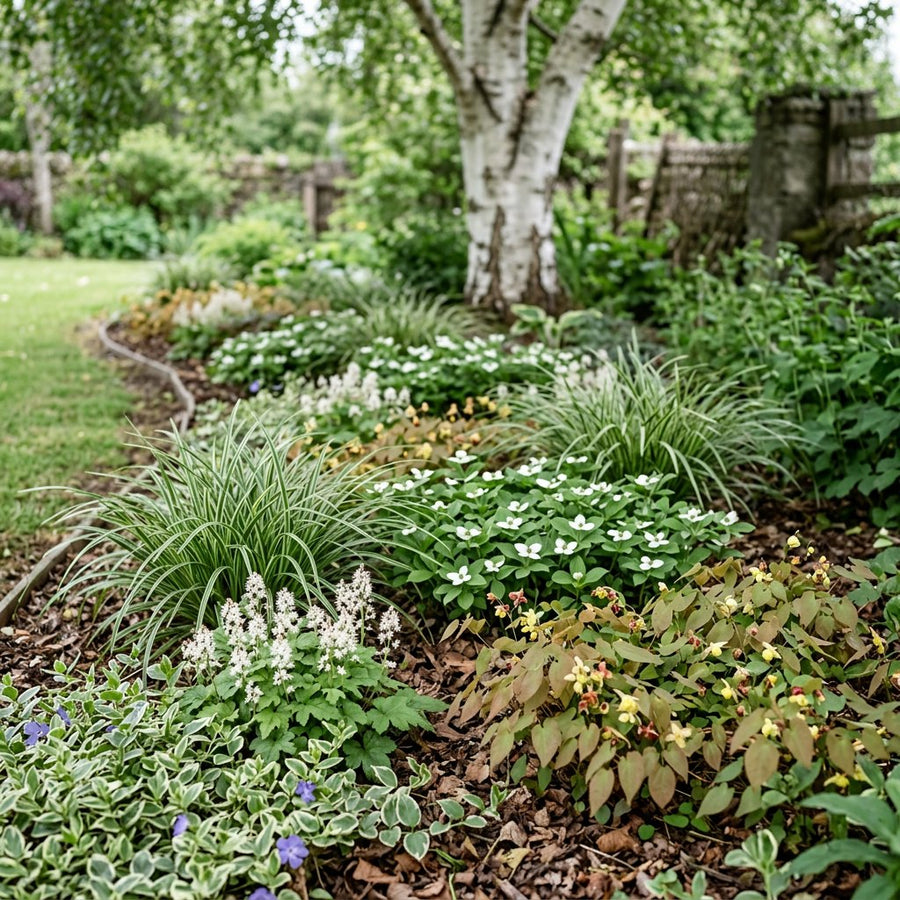 Illustration of the Porto border once established, planted with Vinca minor, Tiarella cordifolia, Epimedium perralc., Carex morrowii and Cornus canadensis