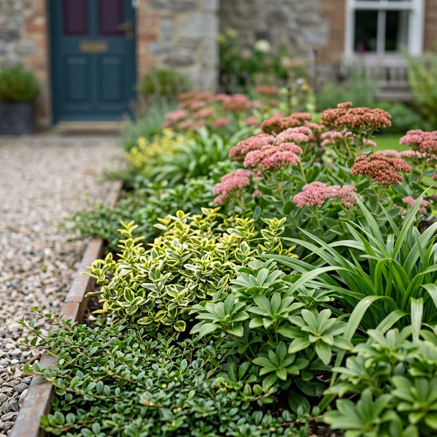 Illustration of the Rome border once established, planted with Cotoneaster pr., Euonymus fort., Pachysandra terminalis, Luzula sylvatica and Sedum