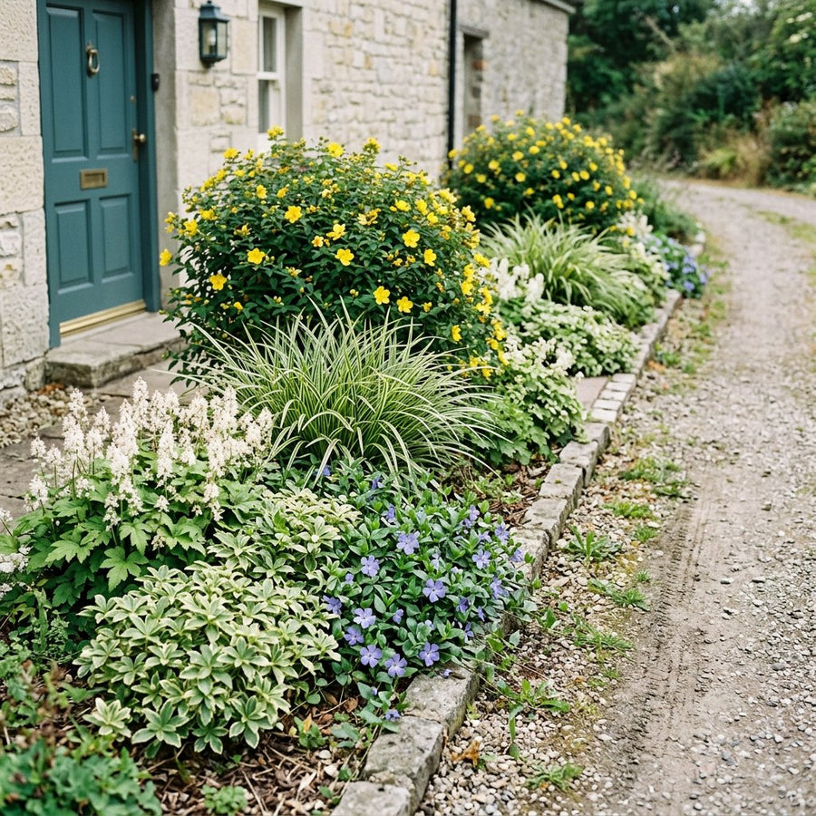 Illustration of the Turin border once established, planted with Hypericum, Vinca major, Pachysandra term., Carex morrowii and Tiarella cordifolia