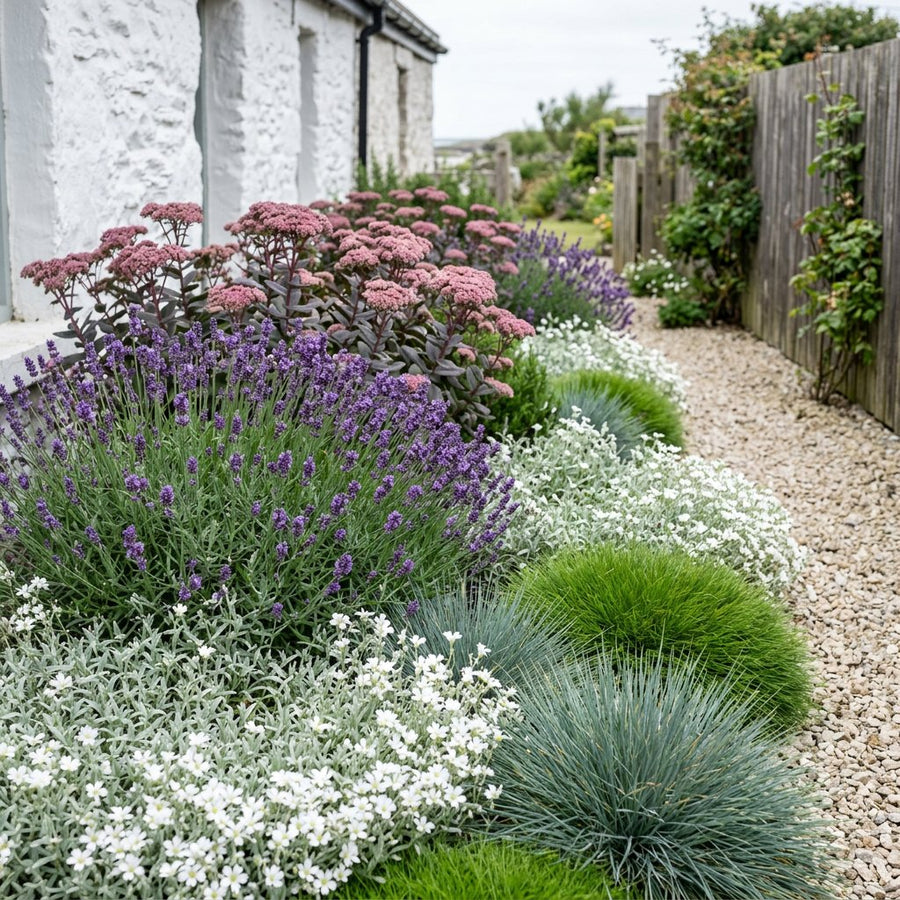 Illustration of the Valencia border once established, planted with Festuca glauca, Festuca gautieri, Sedum, Lavandula ang. and Cerastium tomentosum