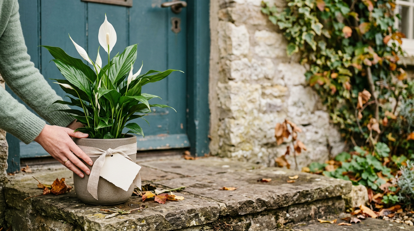 A Peace Lily in a stone ceramic pot tied with linen ribbon and a gift card, placed on the step of an Irish cottage doorway in autumn