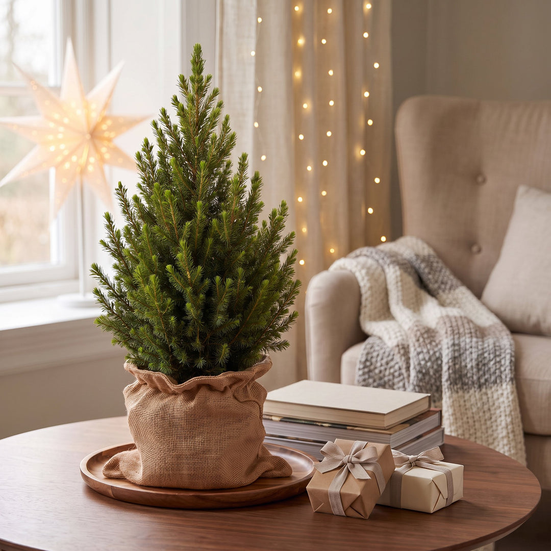 Pack of 2 potted dwarf spruce Christmas trees, 65cm in 19cm pots with a jute bag - view 3