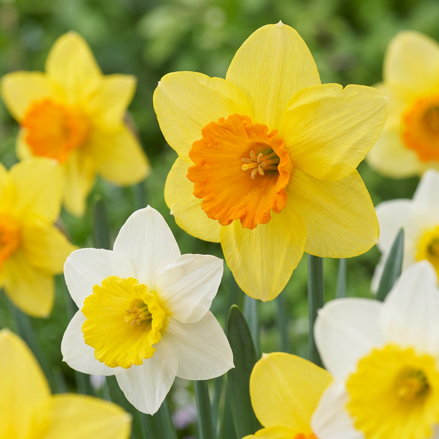Narcissus large Cupped Mix in flower, broad open cups in yellow and white, 120-bulb pack for Irish gardens