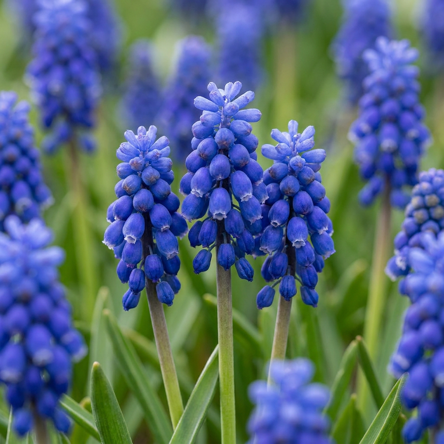 Muscari armeniacum in flower, dense cobalt-blue spikes rimmed with white, 800-bulb pack for Irish gardens