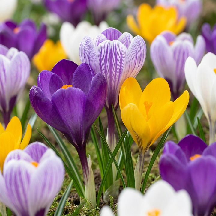 Crocus Large Flowering Mix in flower, big goblet flowers in purple, white and yellow, 240-bulb pack for Irish gardens