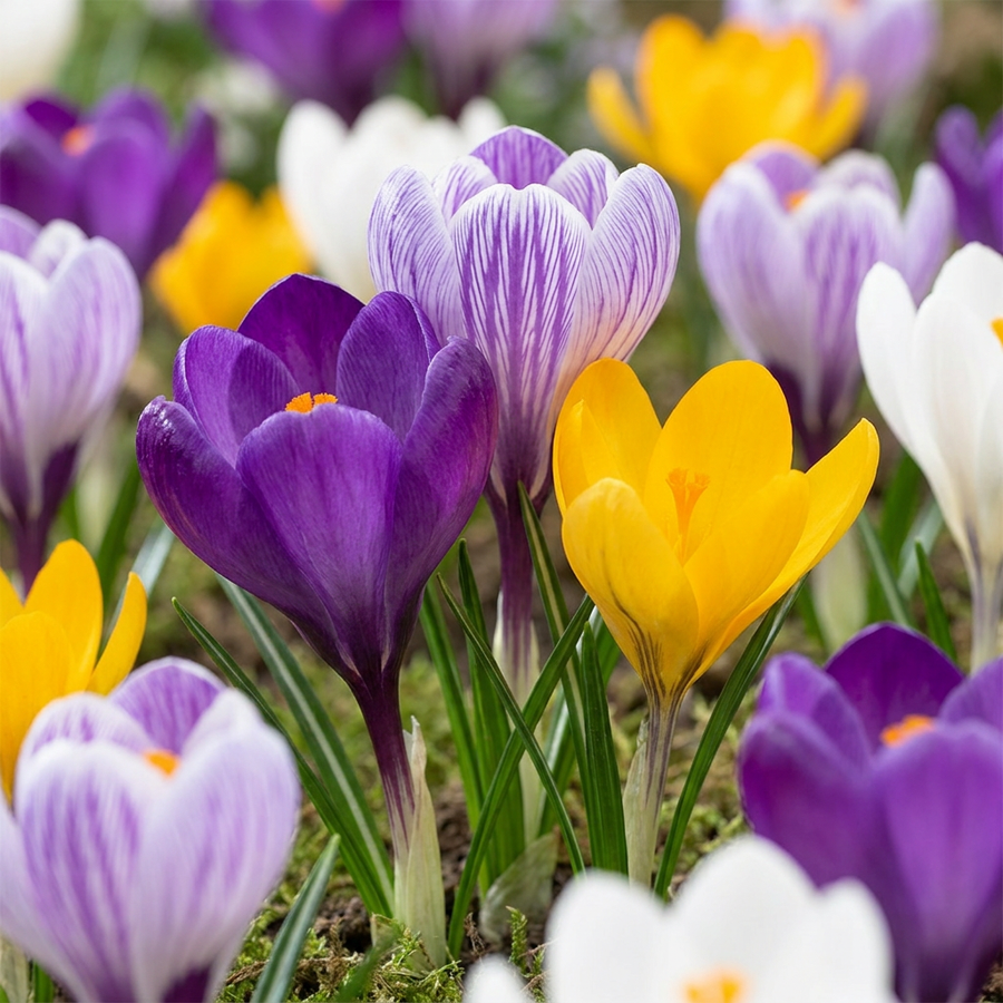 Crocus Large Flowering Mix in flower, big goblet flowers in purple, white and yellow, 240-bulb pack for Irish gardens