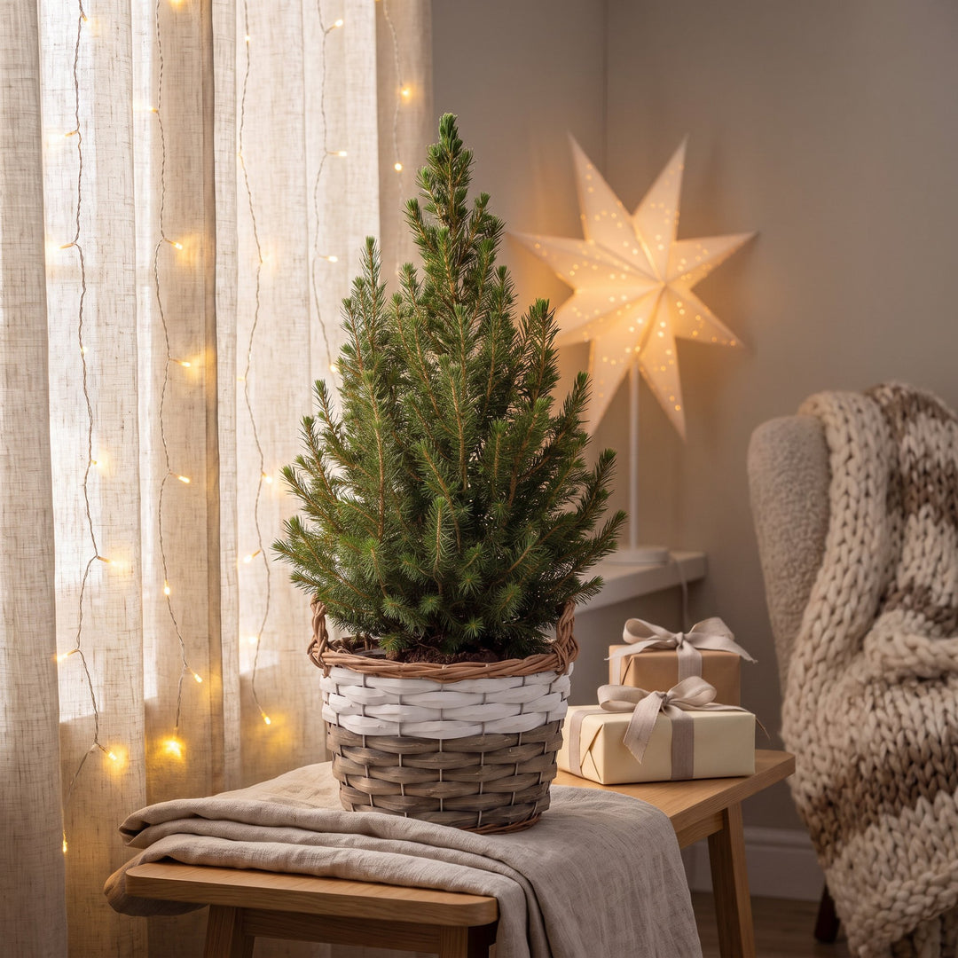 Pack of 4 potted dwarf spruce Christmas trees, 65cm in 17cm pots with a basket - view 3