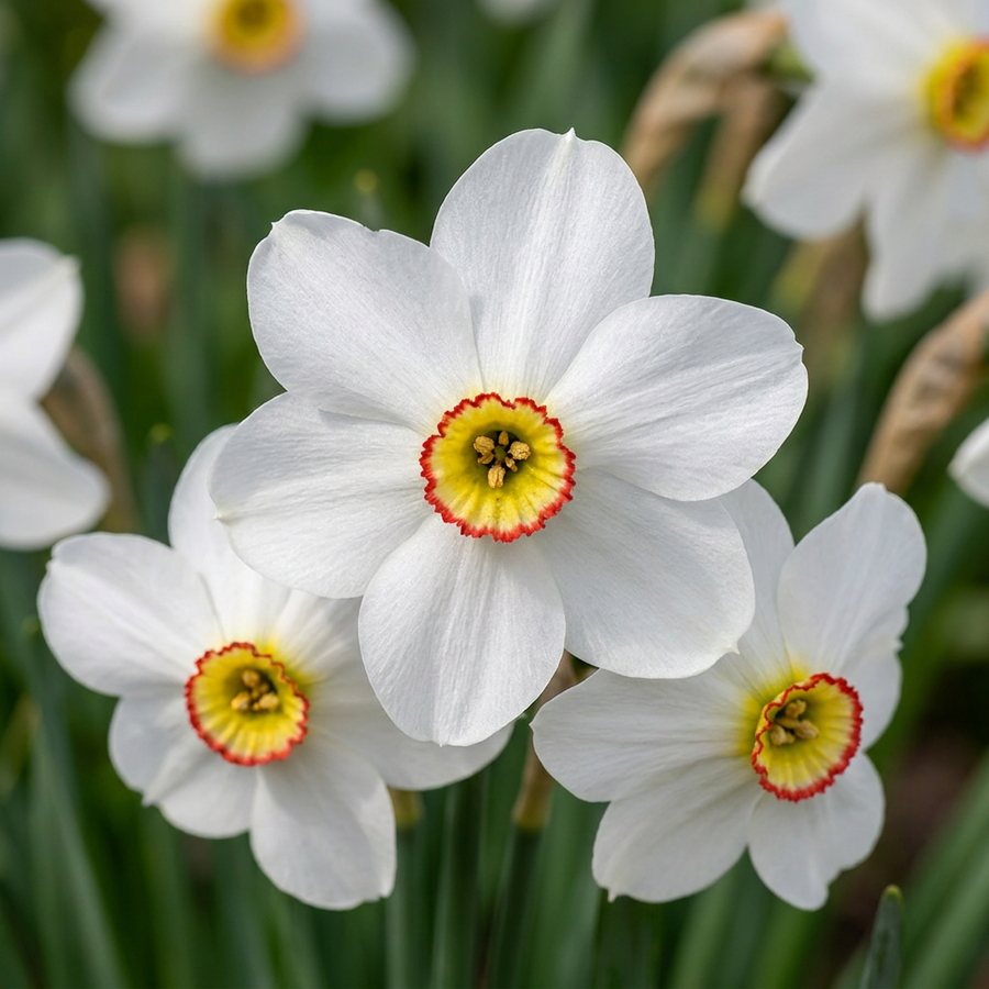 Narcissus poeticus recurvus in flower, pure white petals around a small red-rimmed eye, 80-bulb pack for Irish gardens