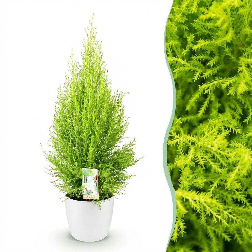 Cupressus 'Goldcrest Wilma' golden lemon-scented conifer, 21cm pot, 85-95cm, supplied with a white potter