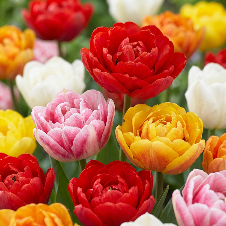 Tulipa Double Mix in flower, peony-like, many-petalled blooms, 240-bulb pack for Irish gardens
