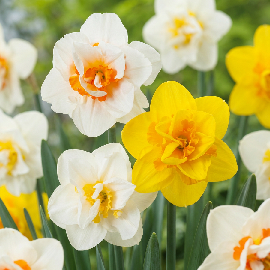 Narcissus Double Mix in flower, many-petalled double daffodil flowers, 240-bulb pack for Irish gardens