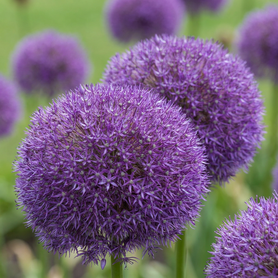 Allium Pinball Wizard in flower, enormous lilac-purple globes on thick stems, 16-bulb pack for Irish gardens