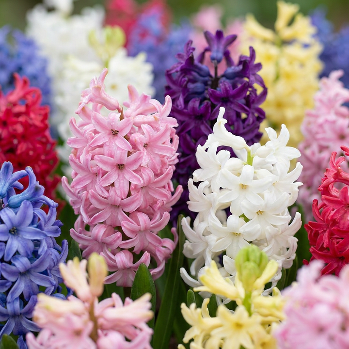 Hyacinthus Mix in flower, fragrant flower spikes in mixed colours, 80-bulb pack for Irish gardens