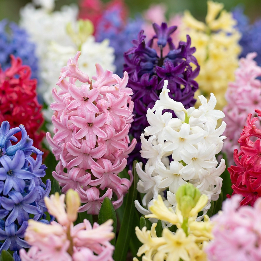 Hyacinthus Mix in flower, fragrant flower spikes in mixed colours, 80-bulb pack for Irish gardens
