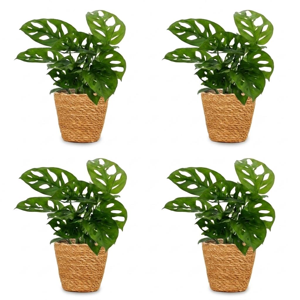 Monkey Mask Monstera (Monstera adansonii) - 4 Plants with Woven Basket - 12cm Pot - 25cm Tall