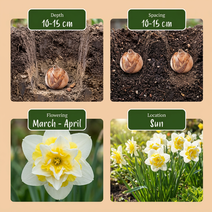 80x Narcissus 'Ice King' Double Daffodil Bulbs - White and Yellow - Spring Flowering - Size 12/14