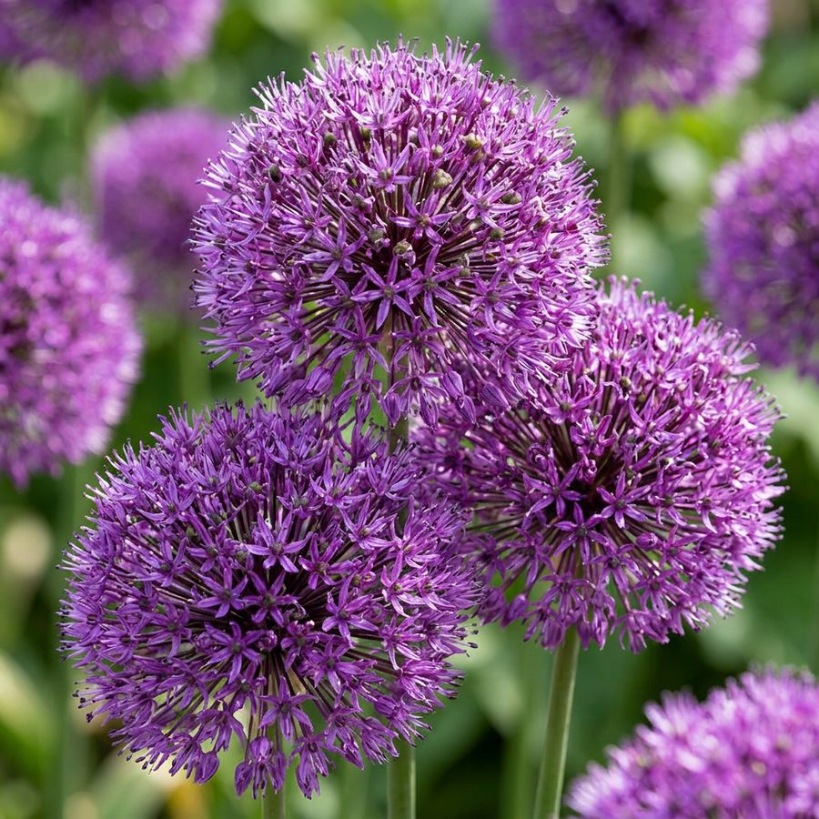 Allium Purple Sensation in flower, dense deep-violet globes on slender stems, 120-bulb pack for Irish gardens
