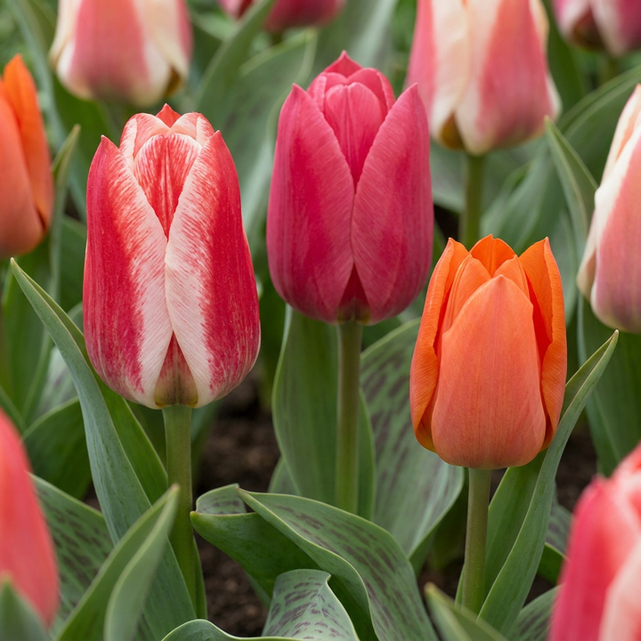Tulipa Greigii Mix in flower, bold cups above mottled, purple-streaked leaves, 120-bulb pack for Irish gardens