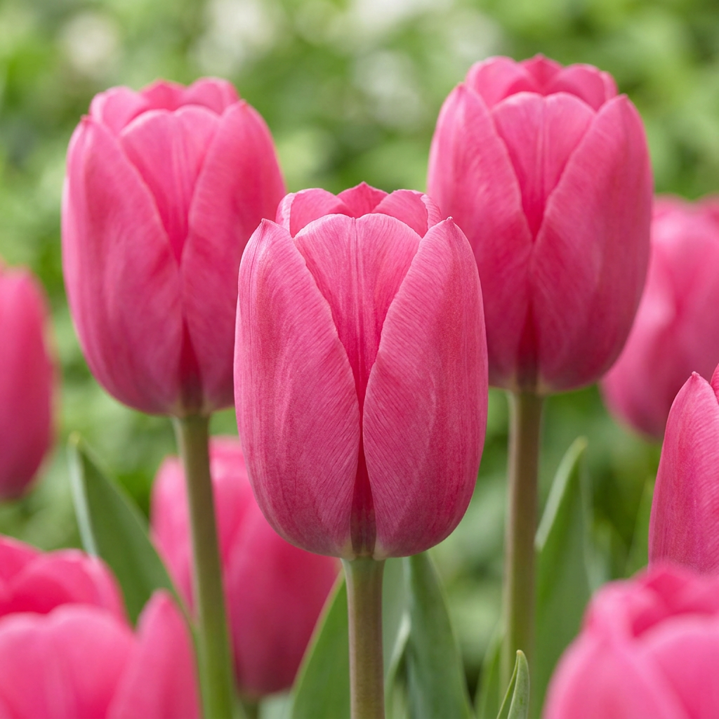 Tulipa Triumph Pink in flower, classic single cups on strong, weather-resistant stems, 120-bulb pack for Irish gardens