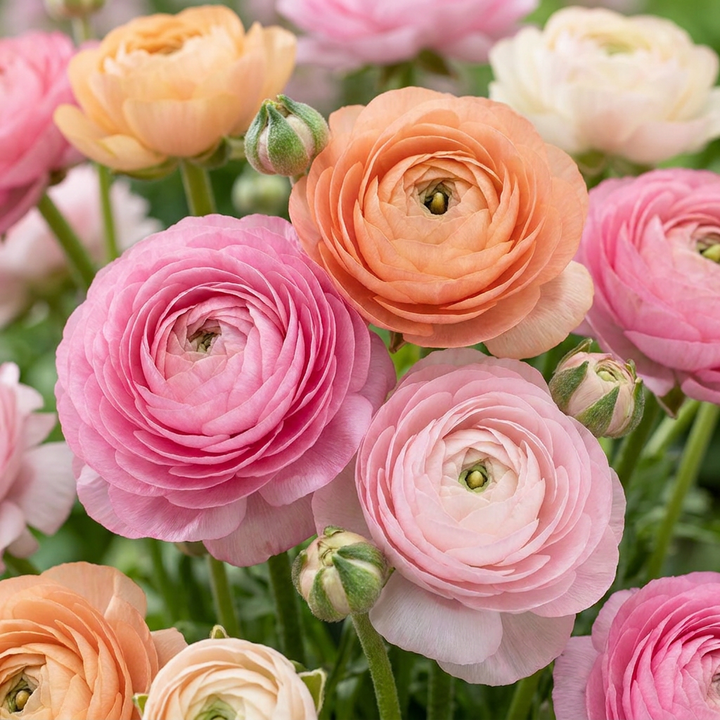 Ranunculus Pastel Mix in flower, tightly ruffled rose-like flowers in pastel shades, 320-bulb pack for Irish gardens