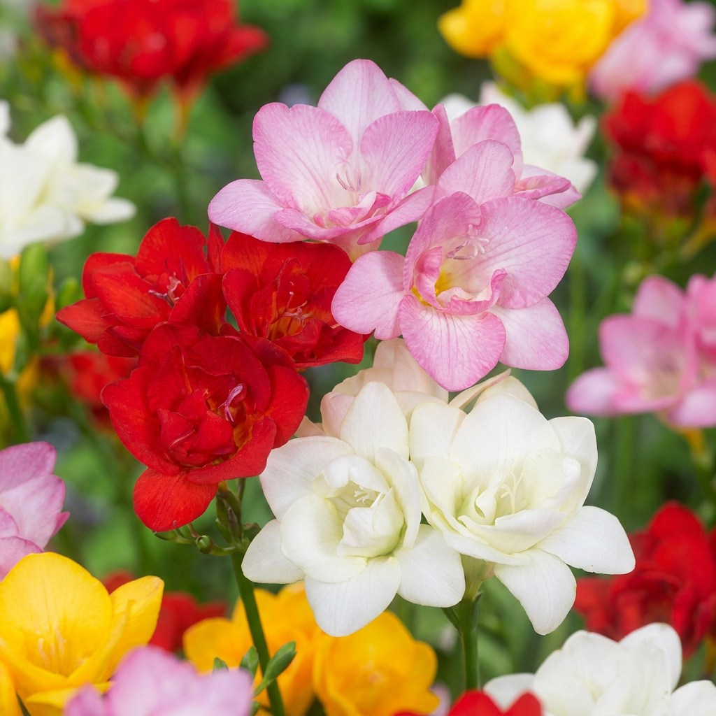 Freesia Double Mix in flower, scented double funnel flowers on arching stems, 160-bulb pack for Irish gardens