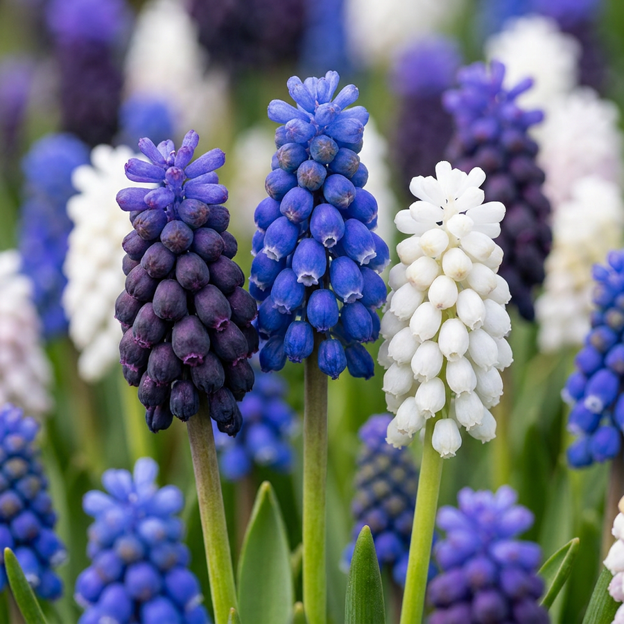 Muscari 'Magic' Mix in flower, blue, white and pale grape hyacinth spikes, 400-bulb pack for Irish gardens