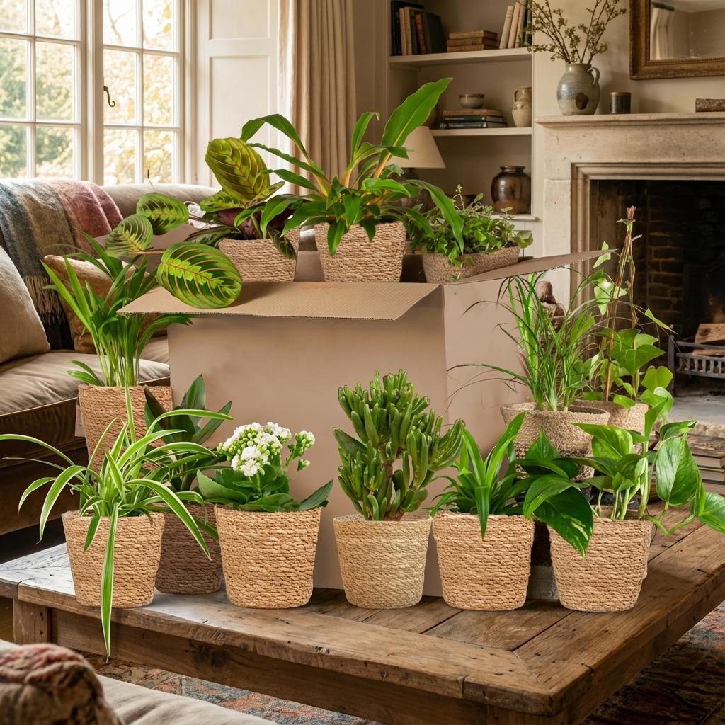 Green Second Chance Box of 12 houseplants in seagrass baskets