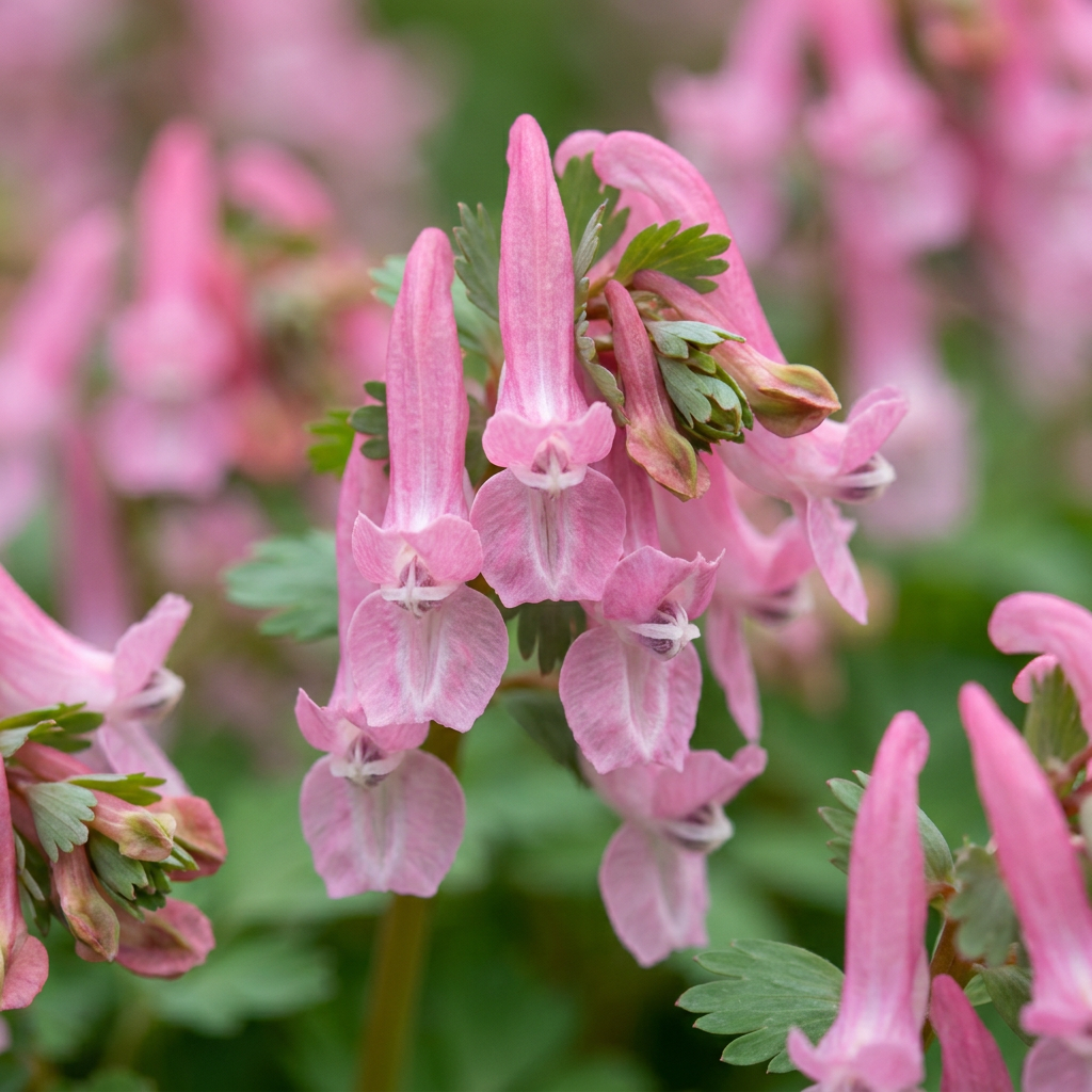 Corydalis 'Beth Evans' in flower, soft pink tubular flowers over ferny grey-green leaves, 160-bulb pack for Irish gardens